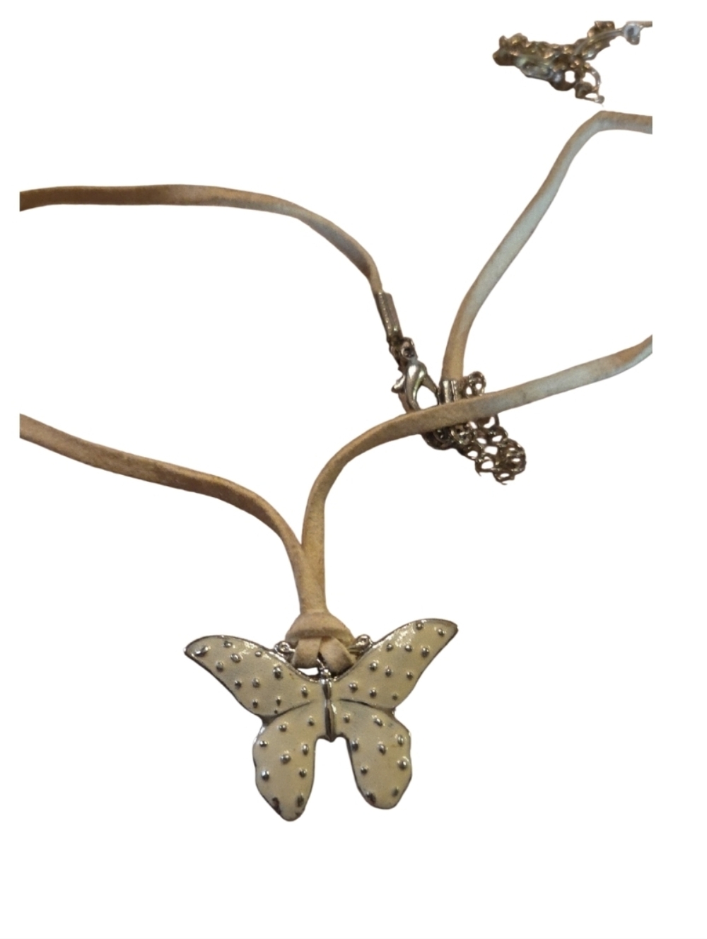 Butterfly Pendant Suede Cord Necklace in Cream